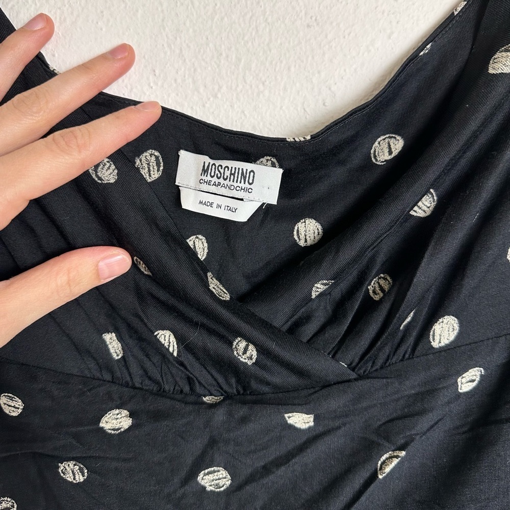 Moschino cheap chic black polka dot silk ruched fit flare v neck Y2K dress L - Picture 3 of 12